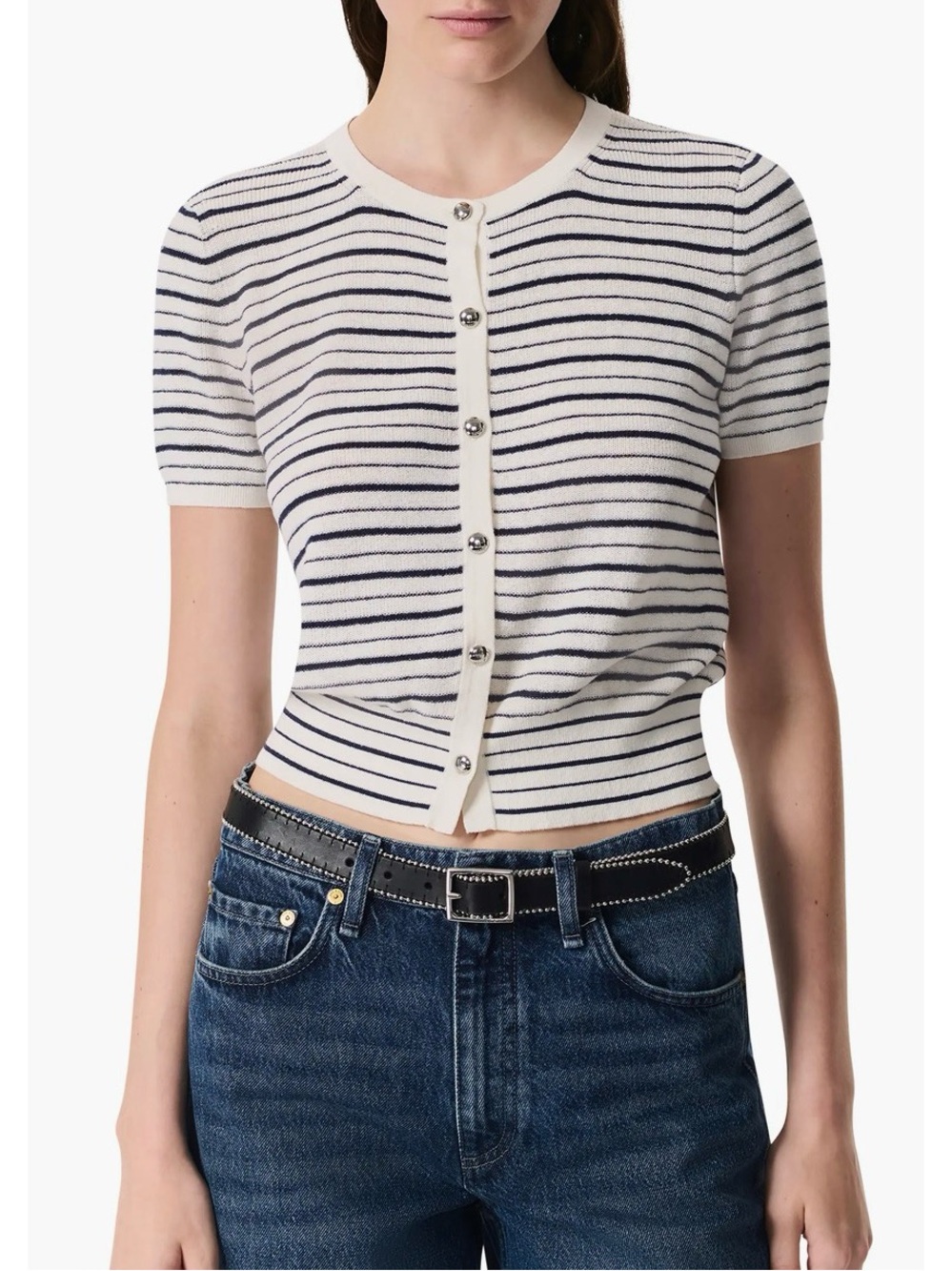 Striped Short-Sleeve Button-Front Knit Top - White & Navy